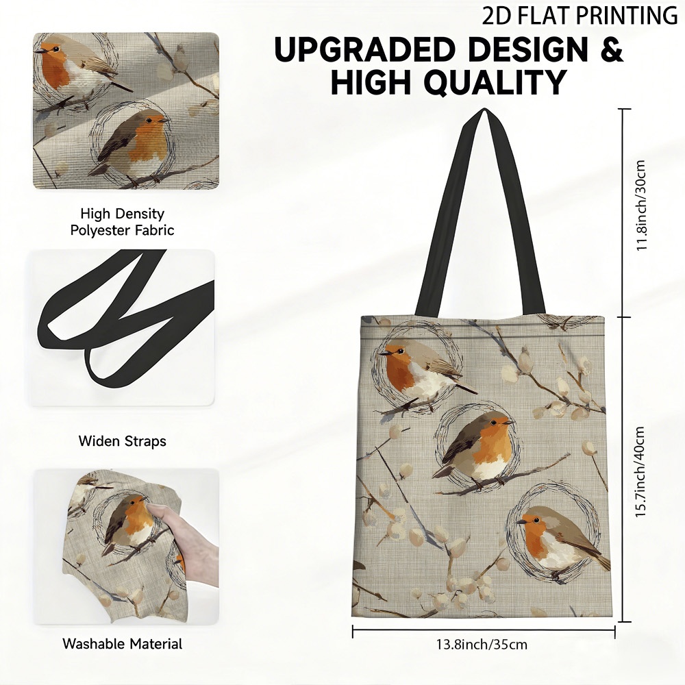 TEMU (2d Flat) 1pc Spring Robin Birds And Willow Tote Bag, Durable Canvas Printed Casual Design, Perfect For Grocery Shopping And Trips, Ideal For