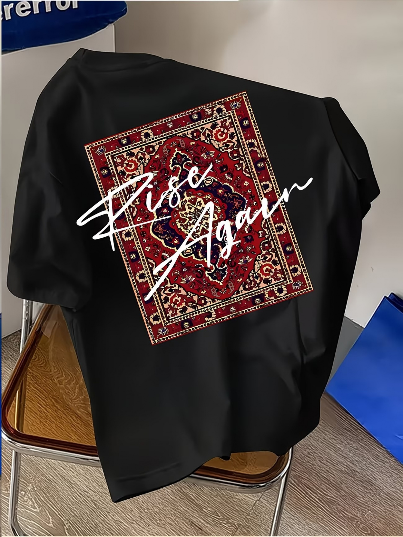 mens short sleeve t shirt featuring a carpet like pattern and   again text 2d heat transfer print soft 100 polyester t shirt high quality breathable mesh fabric