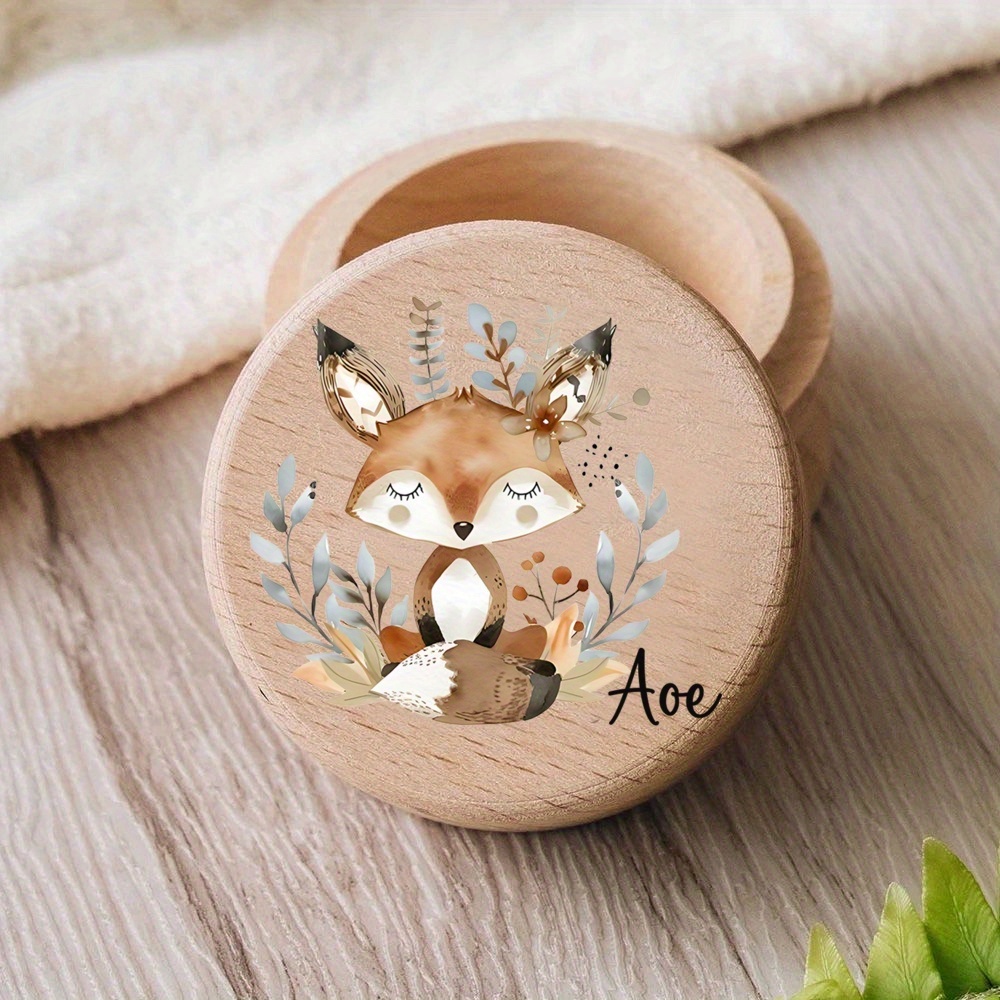 TEMU Boîte à Dents en Bois Personnalisée Éléphant Lapin Renard avec Nom - Cadeau d'Anniversaire Bénédiction et Protection pour Cheveux Fœtus
