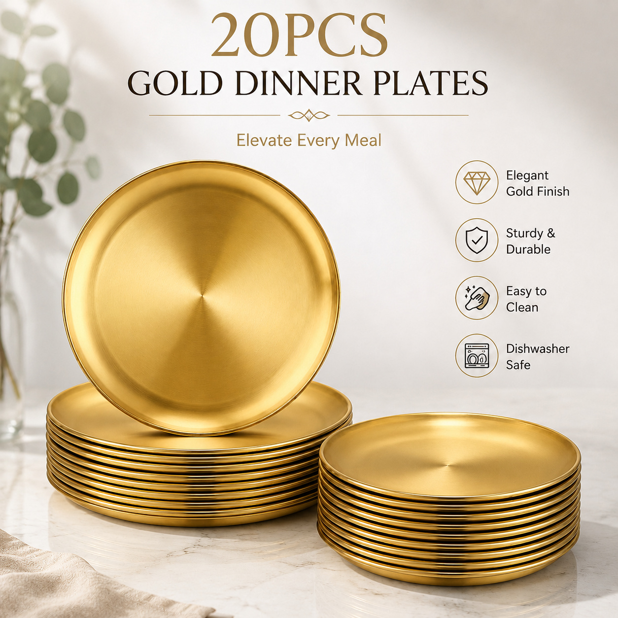 Image of 20pcs Golden Dinner Plate Set, Premium Stainless Steel Round Plates, Serving Plates For Home Kitchen, Wedding, Party, Restaurant, Elegant Table Decor, Reusable Dessert & Steak Plates