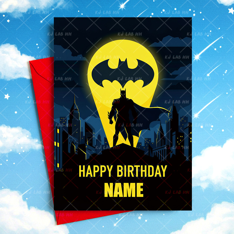 TEMU Dz26j, Birthday Card With Envelope, Batman Silhouette Happy Birthday Themed Greeting Card, Customizable With Name And Age, Includes Blank Page
