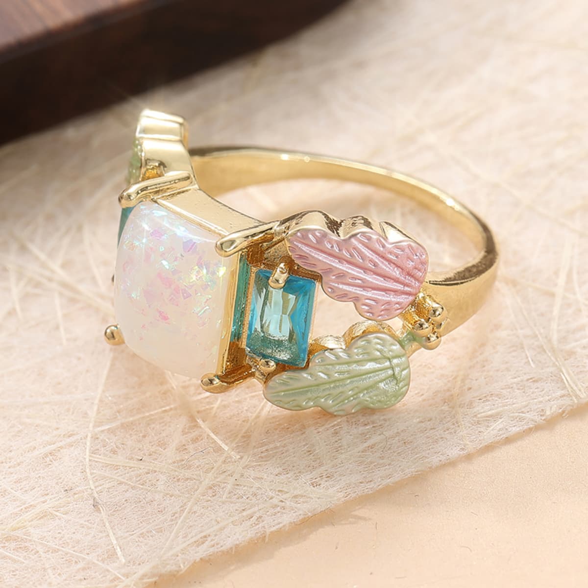 Sweet Macaron-Style Colorful Leaf Square Ring