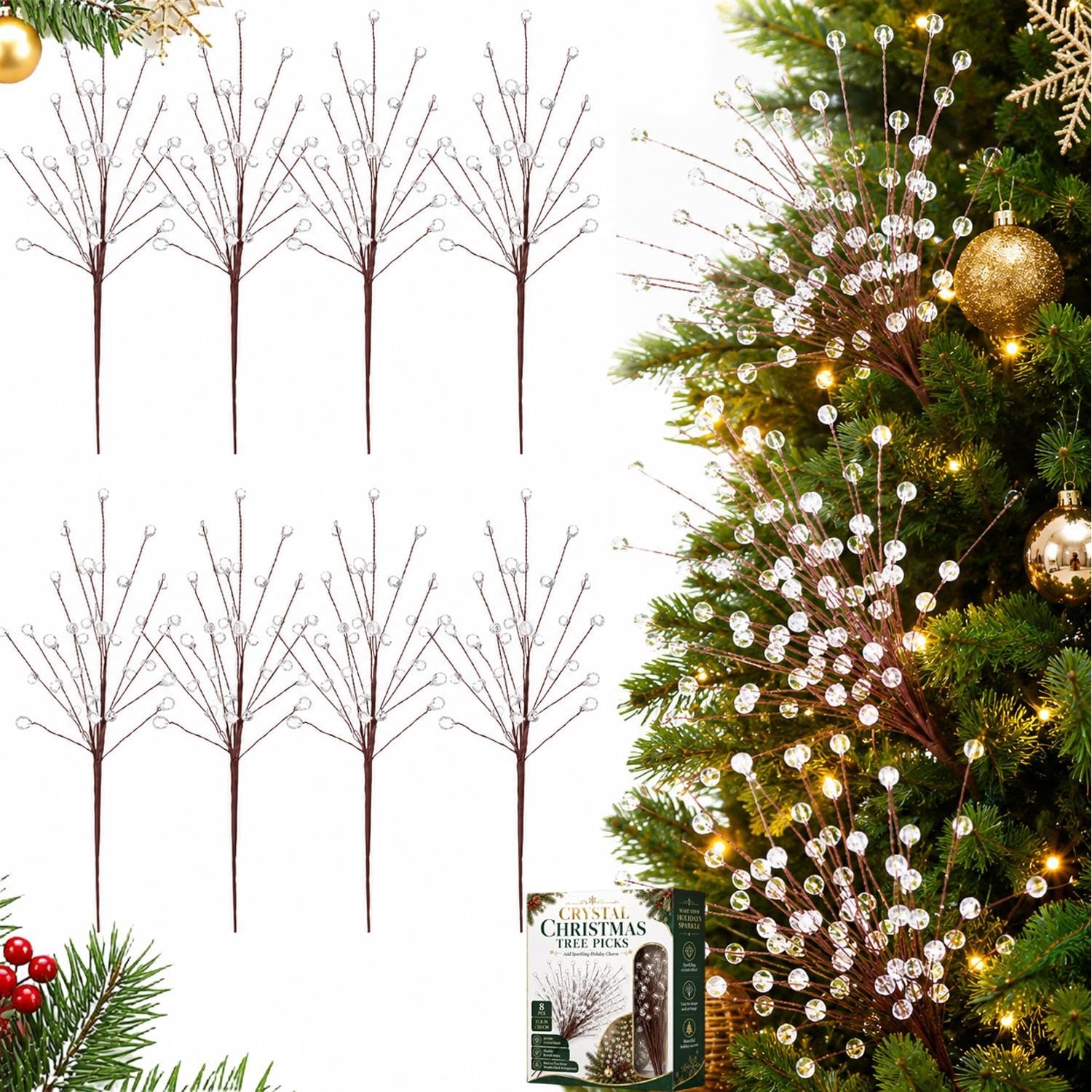 TEMU 8pcs Acrylic Crystal Christmas Tree Picks, Bead Drop Branch Stems 11.8 Inch, Sparkling Xmas Tree Ornaments For Decor, Wreath Garland Diy