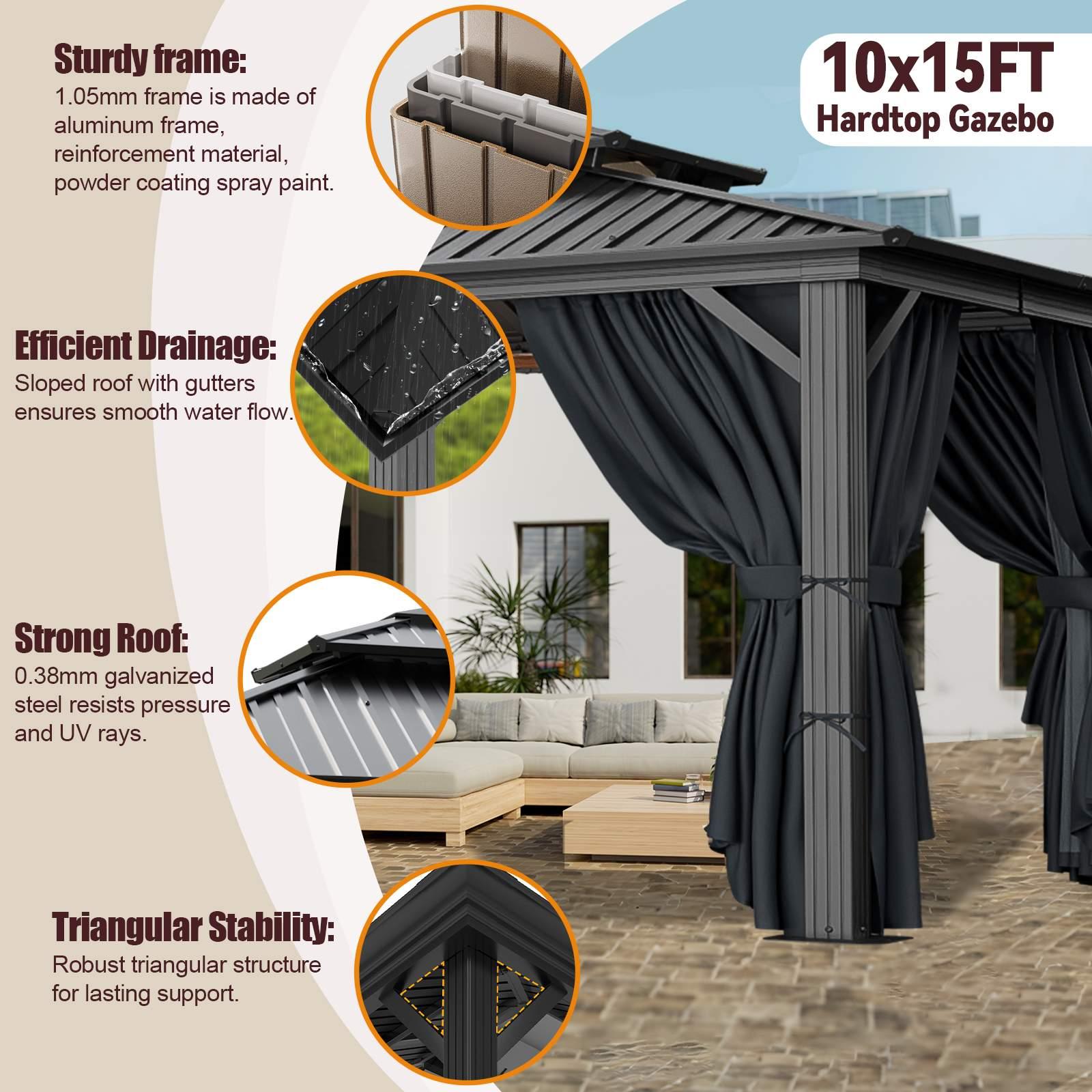10x15ft heavy duty hard roofed   outdoor   for patios and backyards heavy duty   with aluminum frames   with galvanized steel double roofs flame retardant curtains and mesh thicken frames sturdy and durable Product details 4