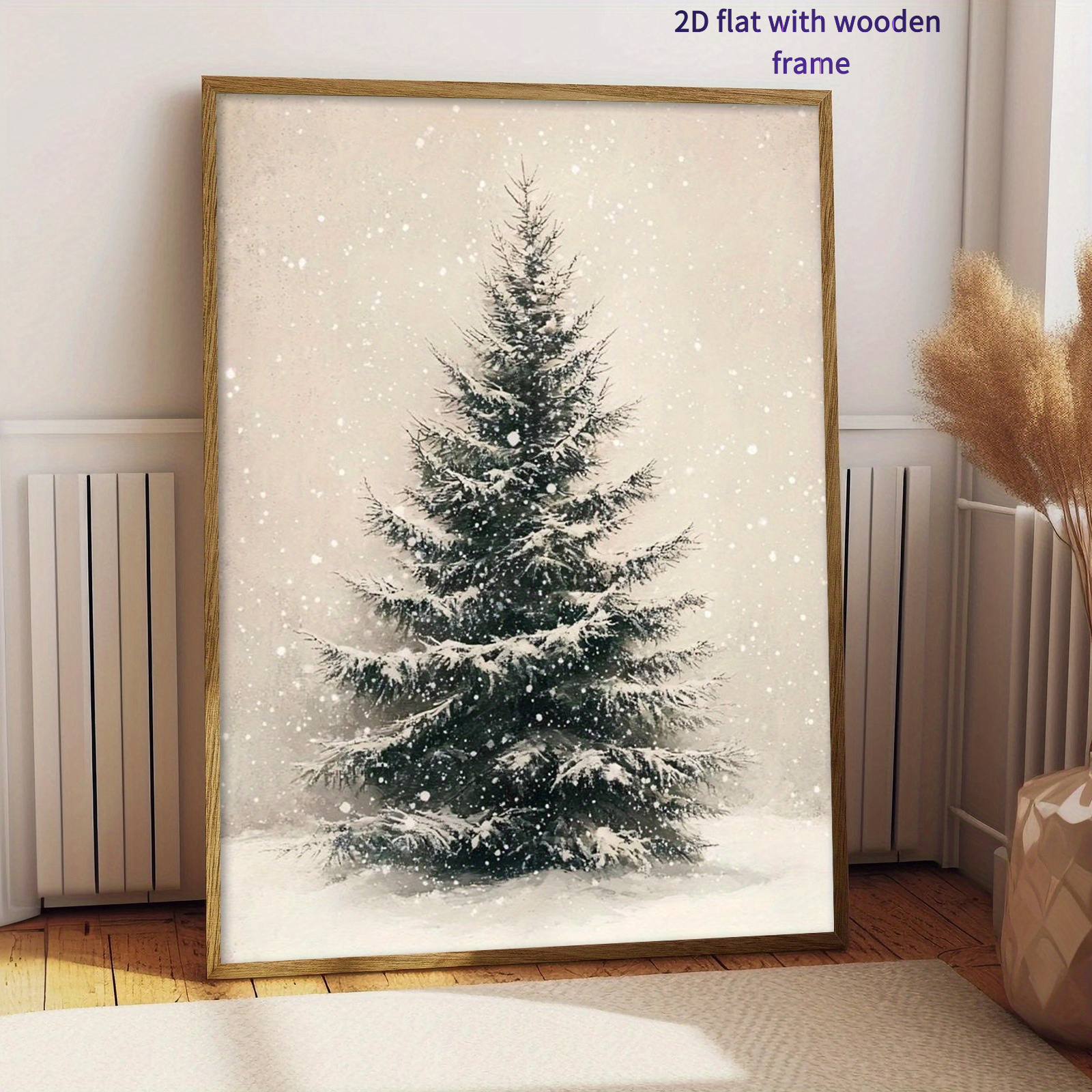 TEMU 2d Flat, 2d Flat 1pc With Solid Wood Frame Halloween Christmas Christmas 8*12inch Christmas Tree Snow Scene Wall Art Printed Poster, Ideal Gift
