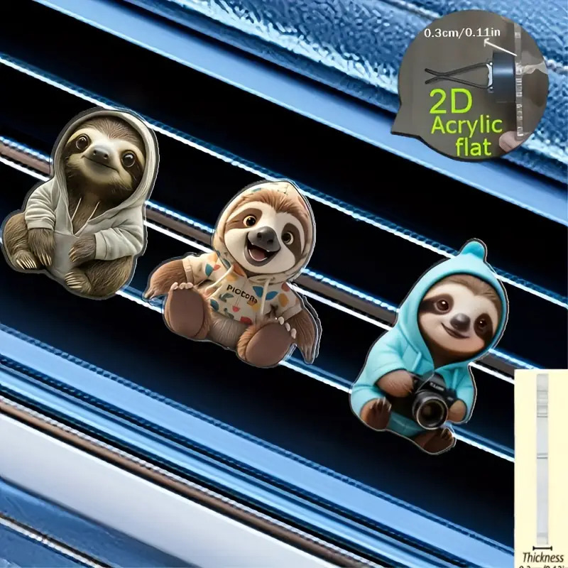TEMU 2d Flat, 3pcs Sloth Car Vent Clip Decoration - 2d Flat Acrylic Aromatherapy Diffuser With Unscented Sponge, No Battery Needed, No Fragrance, No Power Needed, Cute Sloth Design