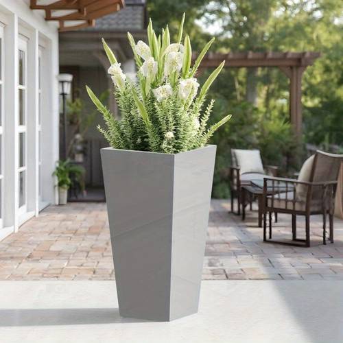 30 tall metal tapered planter burnished grey indoor outdoor garden plant pot with drainage hole rubber plug durable for home patio or office decor garden pots planters patio decoration minimalist decor weatherresistant