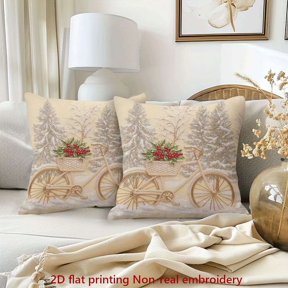 2d flat 2pcs christmas throw pillow sets 2d flat printing non real embroidery bike and holly suitable for home sofa decoration for home additions 18 x 18 inches zipper cushion cover without pillow core