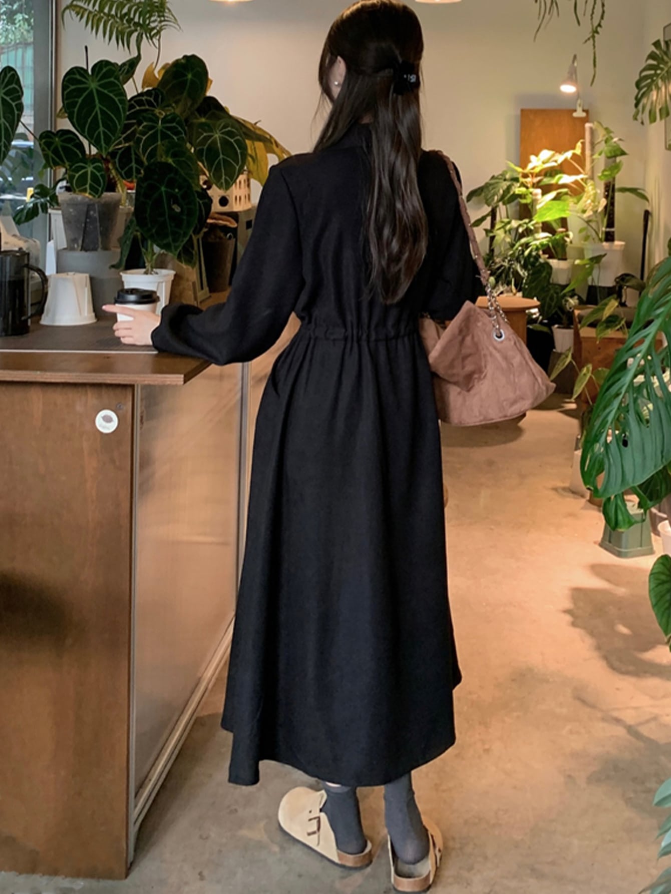 womens korean style collar maxi dress adjustable waist loose - Temu Japan