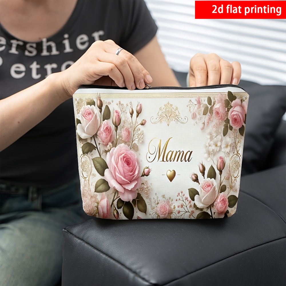 TEMU 2d Flat Printing, 1pc, Pink Rose Printed Makeup Bag, Lightweight With Zipper And Fashionable Design, Suitable For Travel And Daily Use Toiletry
