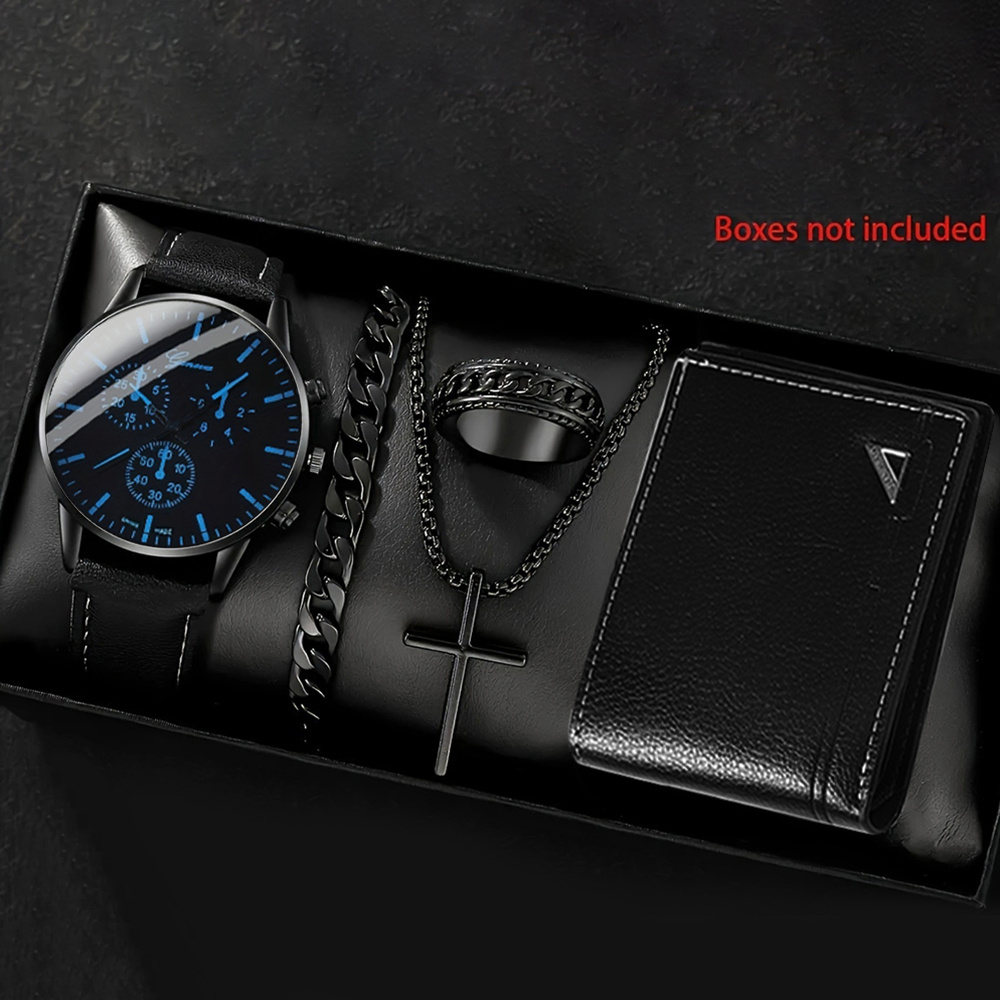 Juego de 5 Piezas para Hombre: Reloj de Pulsera Casual Estiloso, Collar, Brazalete, Anillo y Cartera