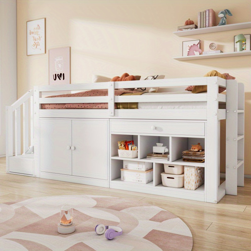 Multifunctional White Wooden 'S Bed with Stairs Storage Space and Reversible Drawers for Desk Use Left Right Interchangeable Design 90190 cm Without Mattress