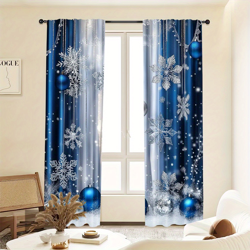 2pcs set christmas blue festive curtains rod   digital printed polyester drapes for living room kitchen dining decor rod not included details 9