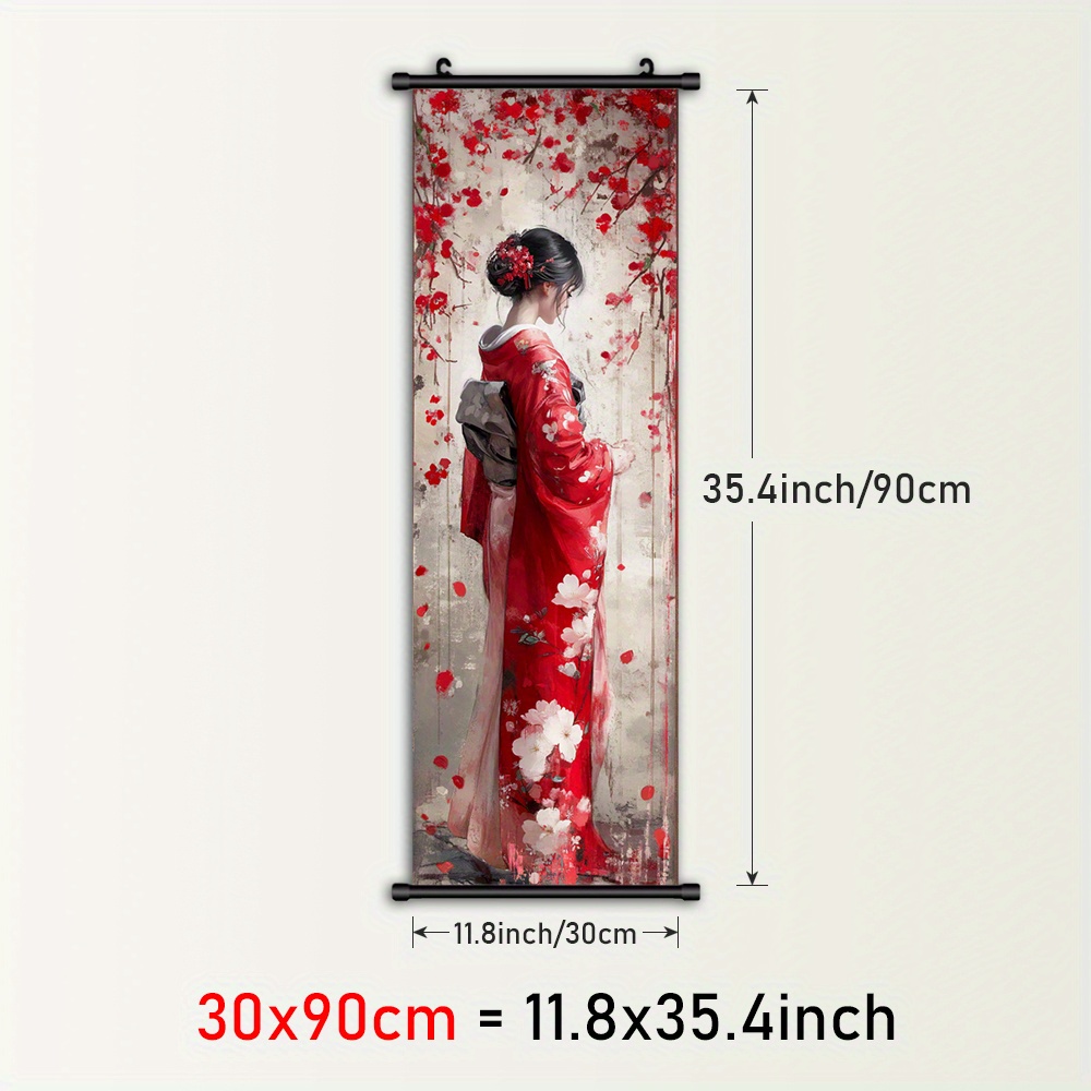 TEMU 1pc Anime-inspired Japanese Kimono Canvas Wall Art - Vertical Plastic Framed Scroll Painting With Hanger, Floral Cartoon Pattern Indoor/outdoor