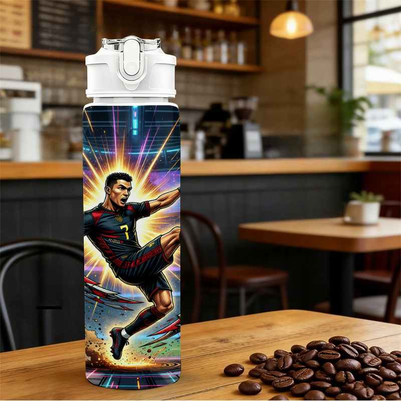 TEMU Water Bottle With Lids 750ml 25oz Plastic Drink Bottle, All Over 2d Printed Design, Pop Top Flip Straw Lid, A Dynamic Soccer Star In A Jersey