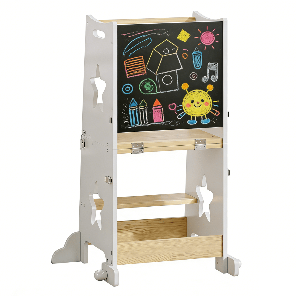 3-In-1 Kitchen Step Stool, Foldable Learning Standing Tower with Blackboard, Wooden Kitchen Stool Helper for Kids, Old Boy Girl Gifts