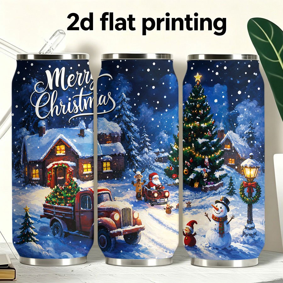 immagine dell'articolo borraccia termica da 1   da 17oz (510ml) in acciaio inossidabile con stampa 2d, con   e cannuccia, a tenuta stagna.   un design di   di natale innevata con case festive, alberi decorati, un   e veicoli   che diffondono    . adatta per