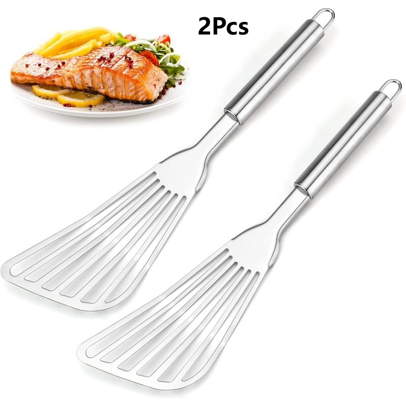 TEMU Set Of 2 Stainless Spatulas, Designed For Draining, Made From 430 Grade Material, Featuring A Sturdy Blade For Flipping, Ideal For Cooking,