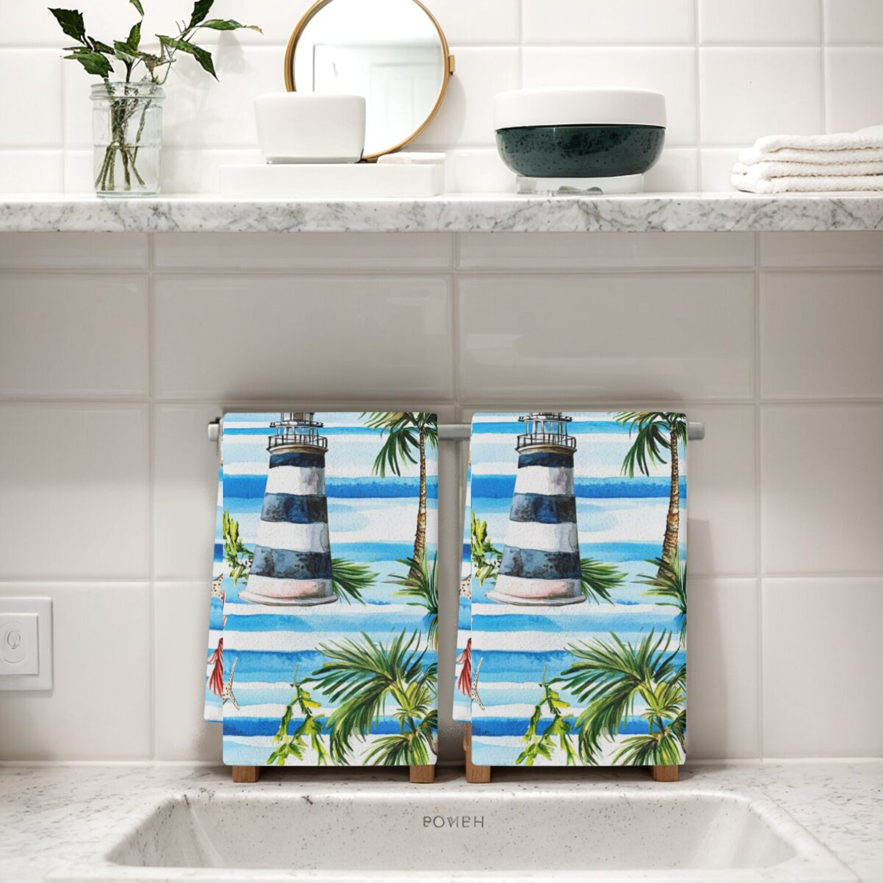 2pcs tropical lighthouse & palm tree kitchen towels - absorbent polyester dish cloths with nautical and  , ideal for home decor and housewarming gifts, hand wash only details 6