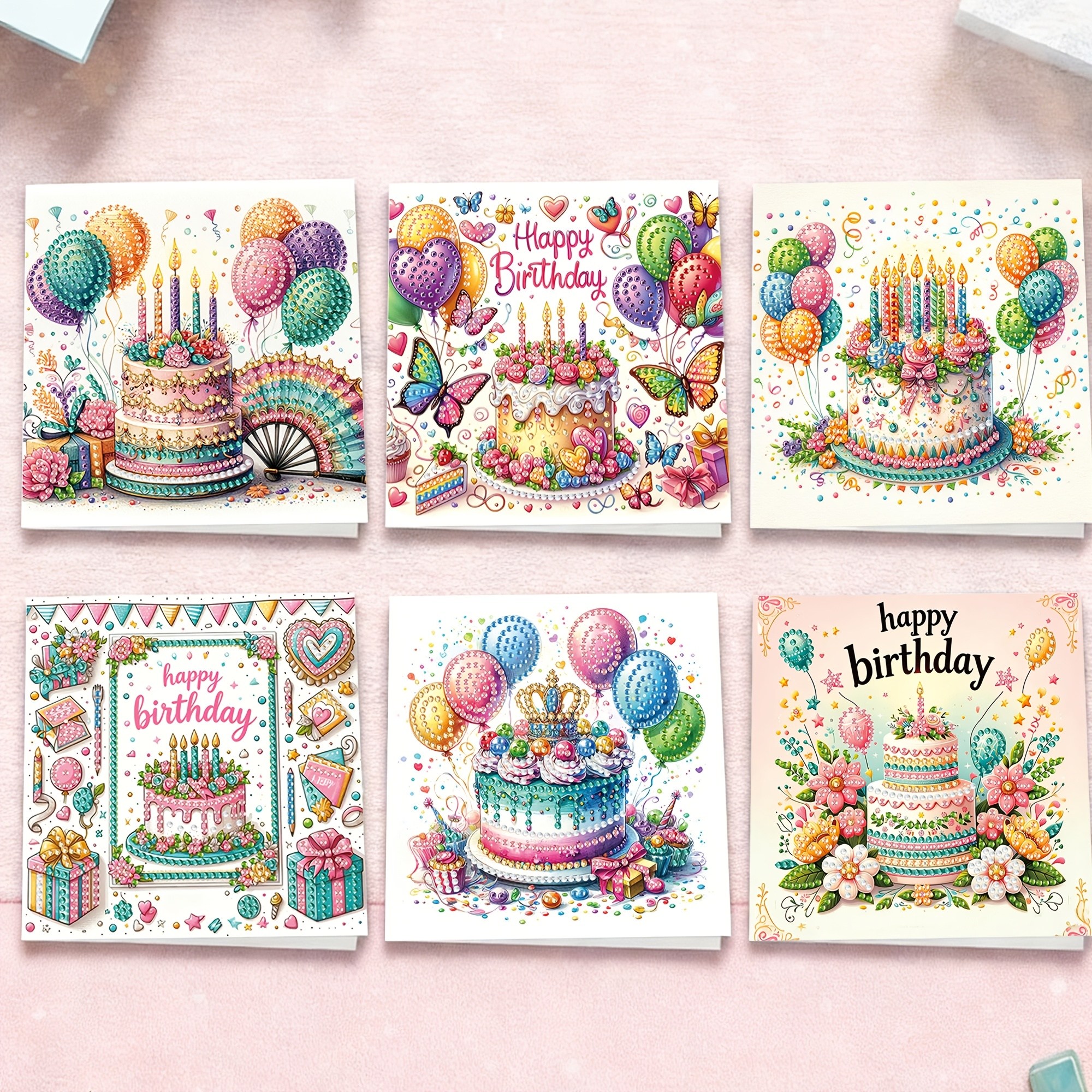 TEMU 6pcs 6pcs Diy 5d Diamond Painting Greeting Card & Invitation Kit With Rhinestone Mosaic Suitable For Birthday Cake, Balloon Postcards, Thank You
