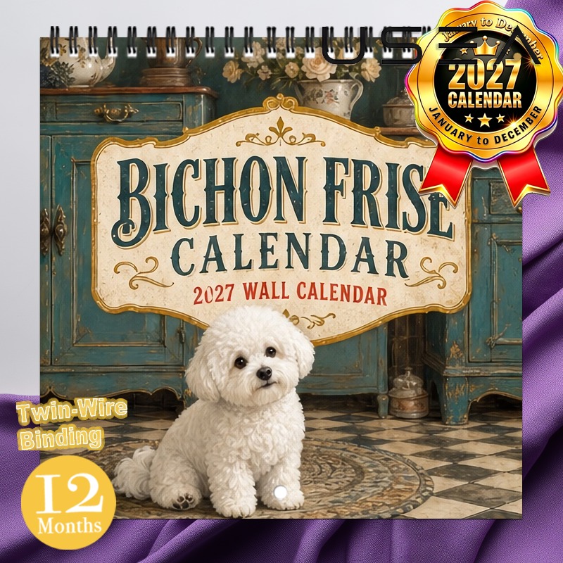 TEMU 2027 Bichon Frise Wall Calendar - 12-month Hanging Planner With Twin Wire Spiral Binding, Monthly Calendar Suitable For Office, Farmhouse Decor,