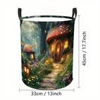 1pc Laundry Basket - Mushroom Forest Design with Glowing Mushrooms & Cottage - Heavy-Duty Polyester Laundry Hamper - Handles for Bathroom, Bedroom, Kitchen - Decorative Storage Organizer Basket - Ideal Housewarming Gift, , Whimsical Design, Durable Polyester, Bedroom Decor, Sturdy Construction, Small , 2D Flat, Laundry Hampers