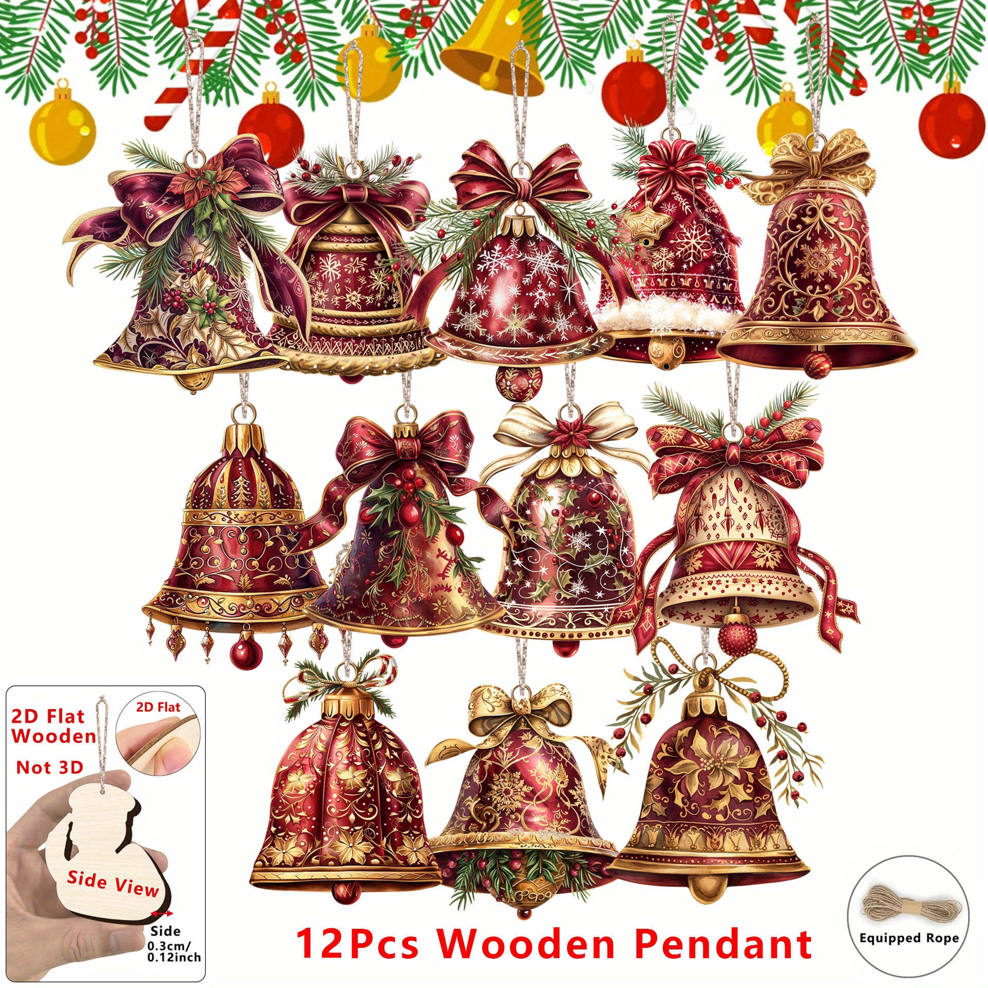 TEMU 2d Flat - Set Of 12 Vintage Wooden Christmas Bells In A Flat 2d Design, Featuring A Victorian Style, Ideal For Decorating Christmas Parties,