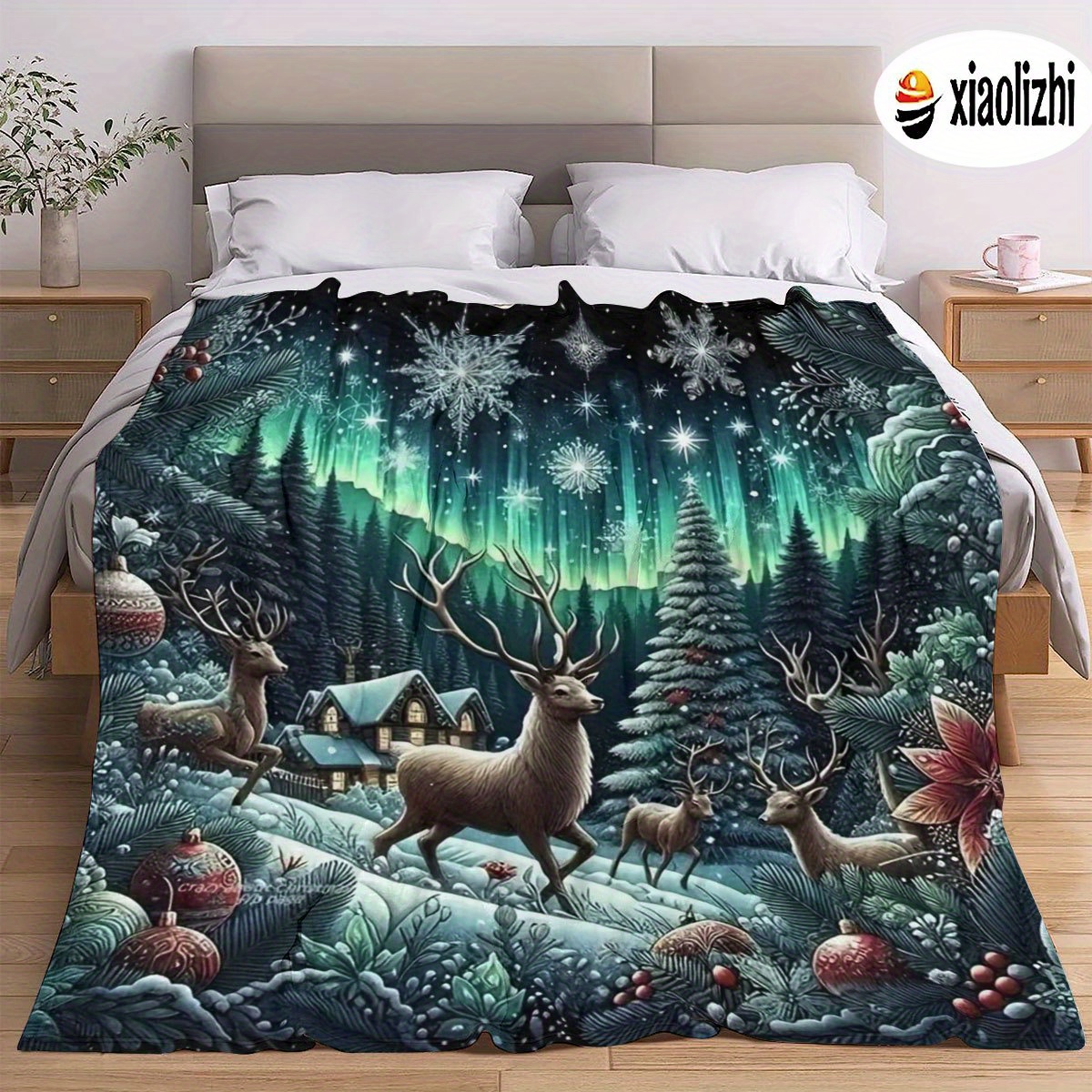 

1pc Cozy Christmas Reindeer Pattern Flannel Fleece Blanket, Soft And Warm Throw For Bed, Travel, Camping, Living Room, Office, Sofa, Chair - All Knitted Polyester 200-250gsm