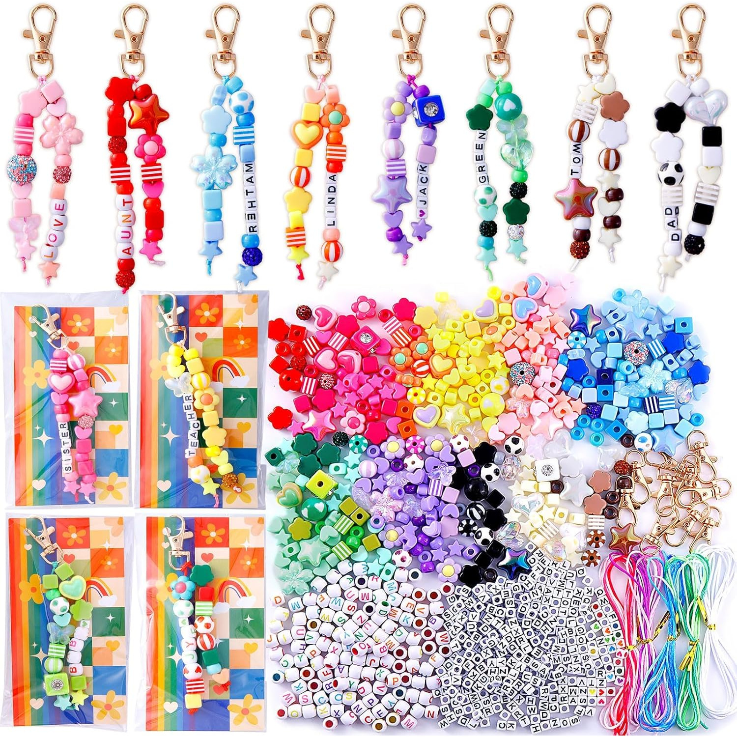 618pcs Bead Keychain Kit | Colorful Bag Charm Kit With Adjustable Alphabet Beads, Acrylic Material For Key Ring Jewelry Making
