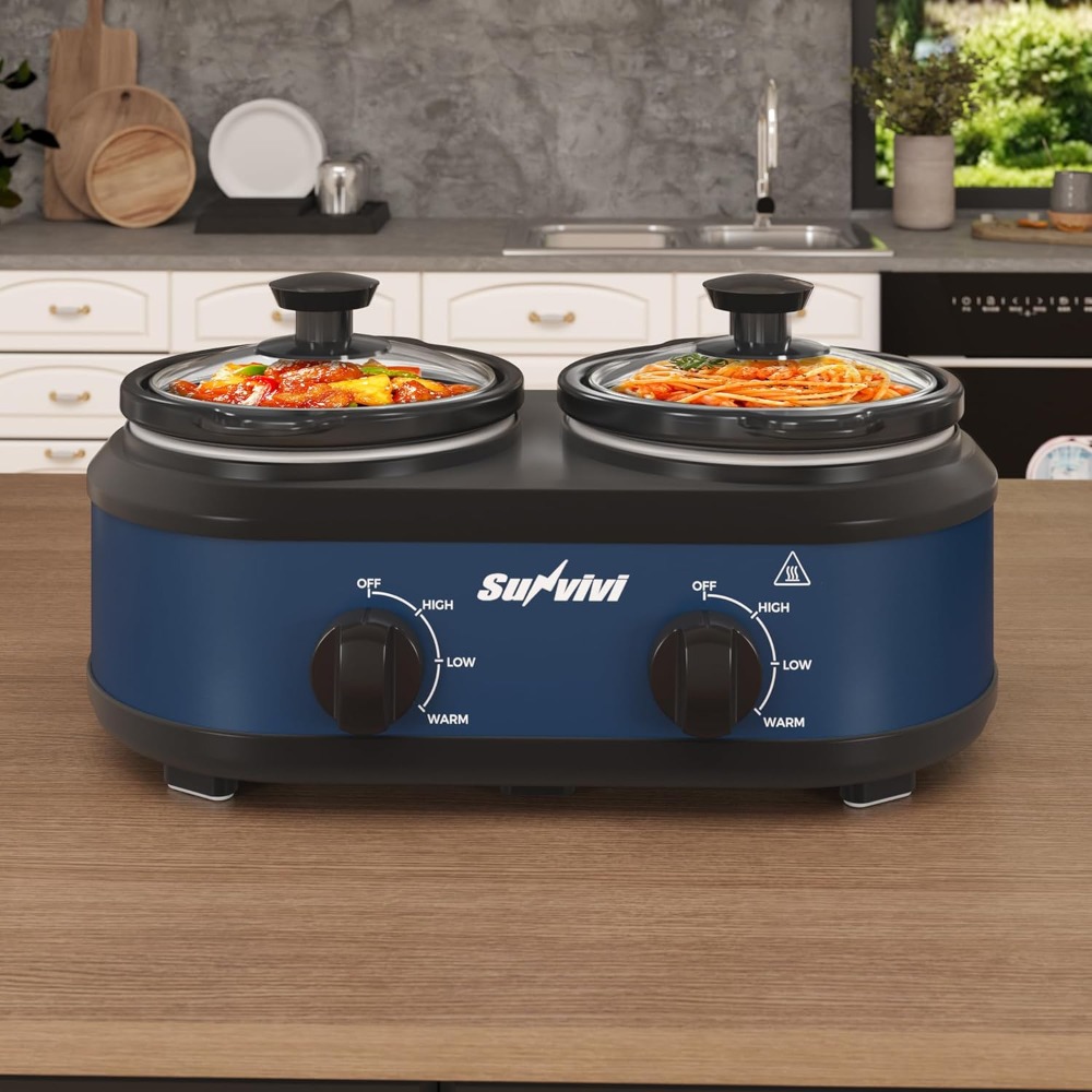 Double Slow Cooker, 2 Removable Pots Small Mini Crock Buffet Server And Warmer With Adjustable Temp, Glass Lids, Dishwasher Safe, 2 X 1.25 Quart, Blue