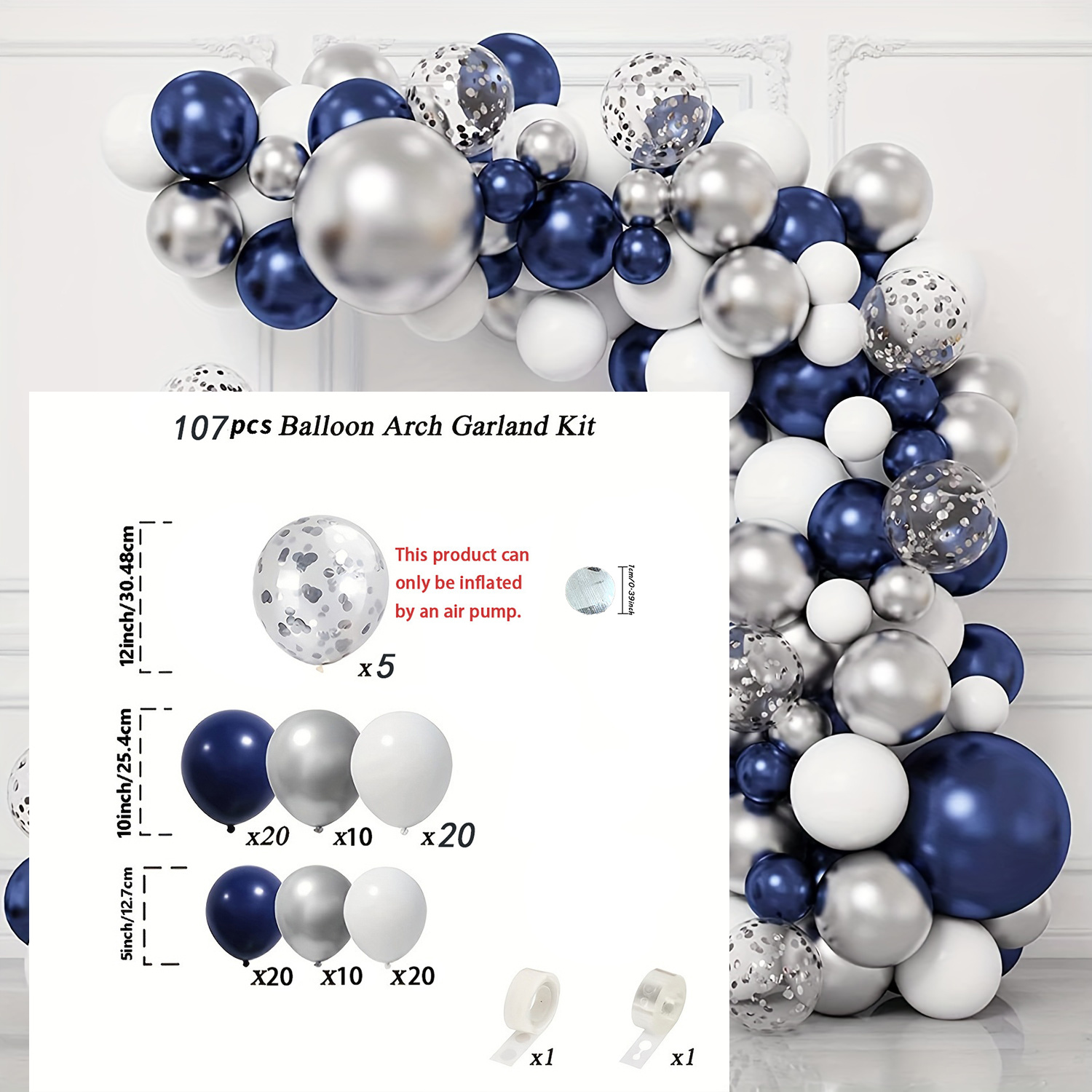 TEMU 107pcs Navy Blue And Silvery Balloon Garland Kit With Confetti - Perfect For Birthdays, Showers, Weddings, And Graduations