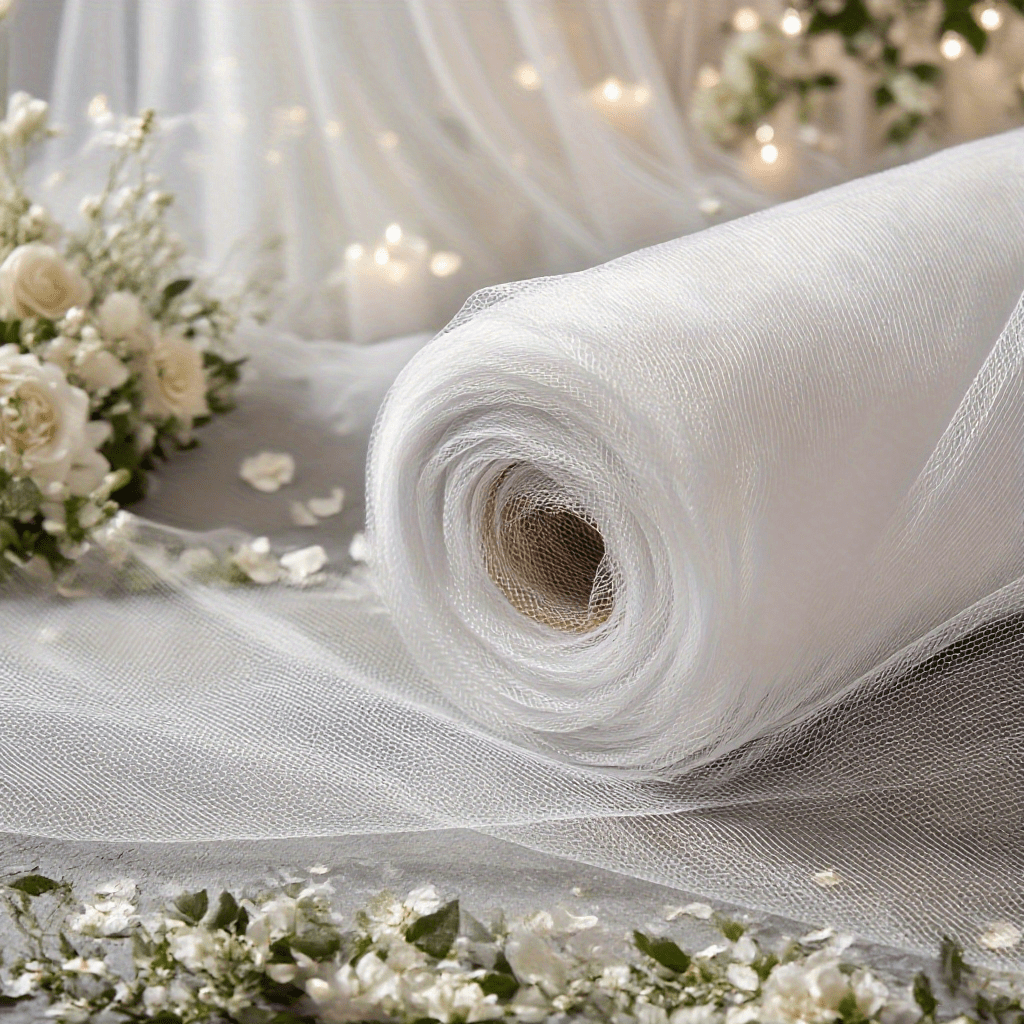 E-shop Verträumter weißer Chiffon-Stoff mit hochflexibler Hochzeitsstickerei-Dekoration. Größe A: 30,3 Zoll breit x 118,5 Zoll lang; Größe B: 30,3 Zoll
