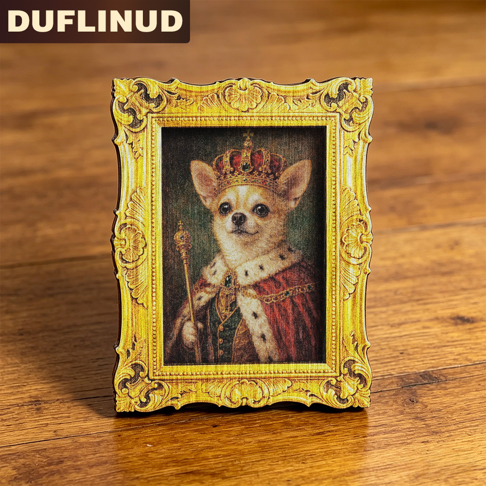 TEMU Chihuahua King Refrigerator Magnet, Mini, Micro, With Vintage Golden Ornate 2d Flat Chihuahua Royal Attire Print Design, Wooden Fridge Magnet,