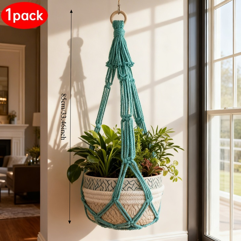 TEMU Bohemian Style Woven Plant Hanging Basket - Lightweight And Durable Indoor Hanging Flower Pot With Multiple Colors And Tassel Details, Small