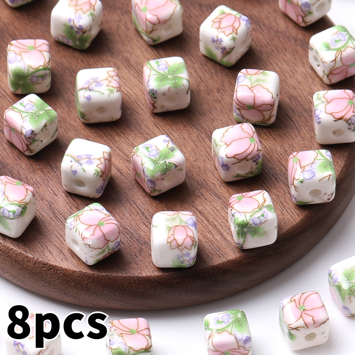 8pcs/16pcs Cube Printed Flowers Glazed Square Ceramic Beads for DIY Jewellery
