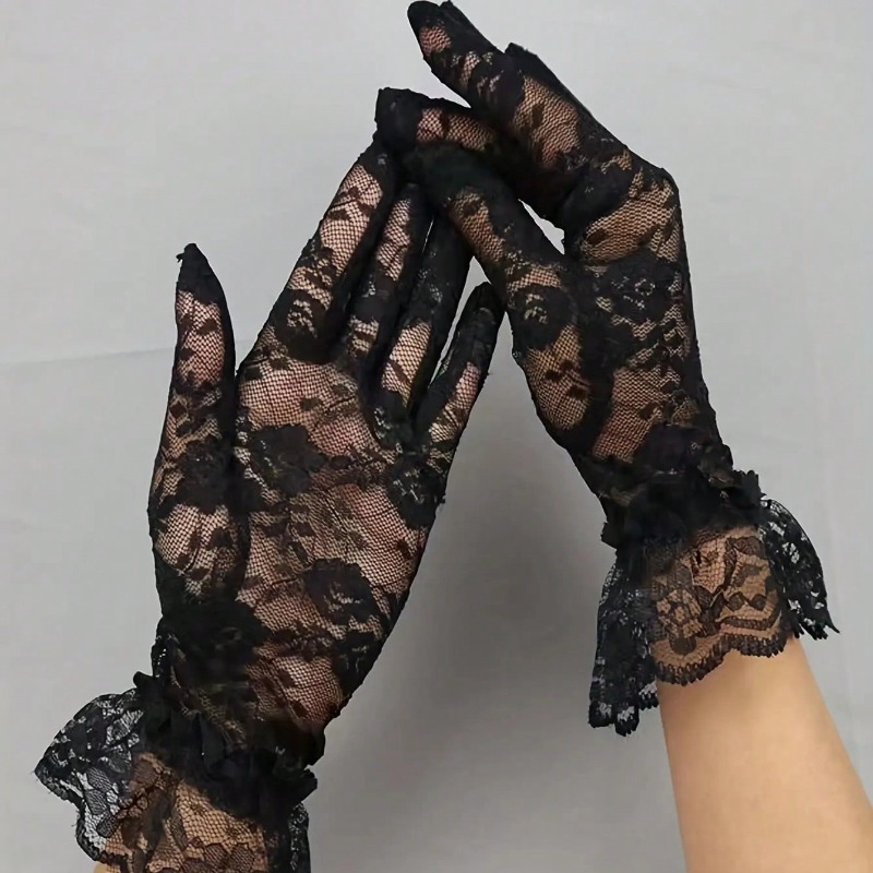 Image of 1 Pair Elegant White Lace Fingerless Women's Gloves - Breathable Mesh And Floral Pattern, , Decorative Wedding Bride Gloves With Cuffs, Perfect For Summer , Lace Gloves