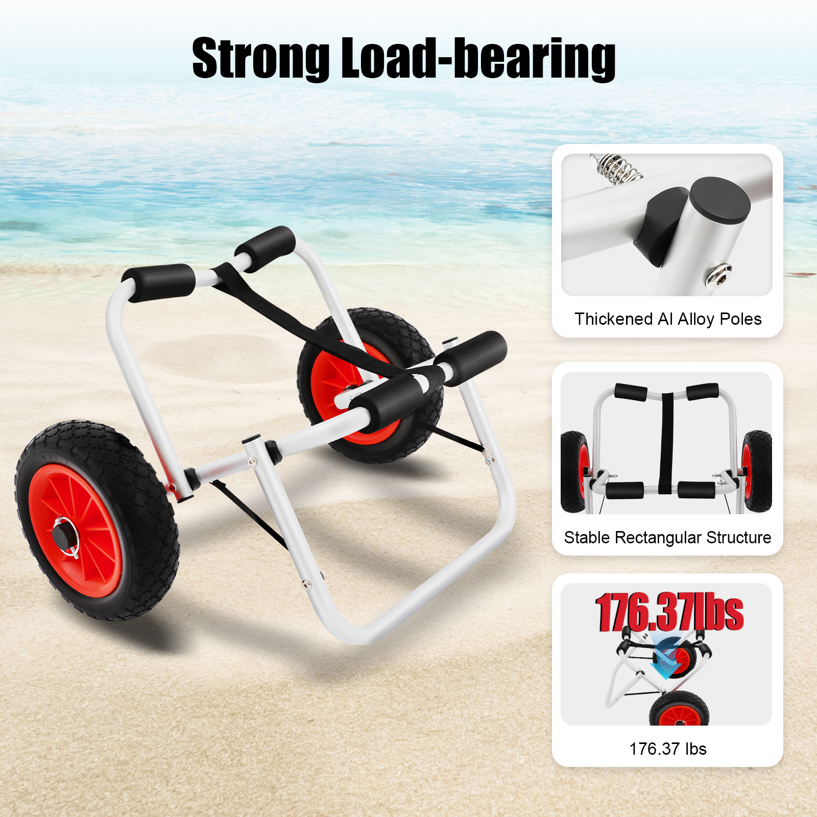 Image of 26.4in Foldable Canoe Cart, With 10" Solid Wheels & , Portable Transport For Kayaks/ / Surfboards On Sand/ Gravel/ Lawn (silvery+black)