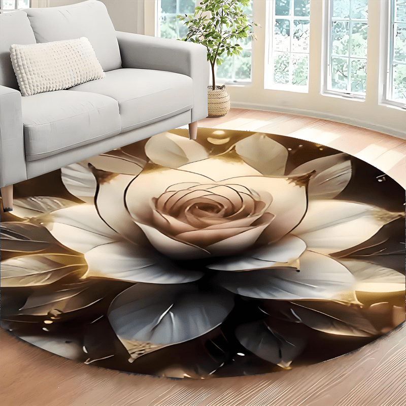 TEMU 1pc White Rose Theme Round Area Mat, Mat, Suitable For Outdoor Use In Living Room, Bedroom, Laundry Room And Game Room, Machine Washable, Home