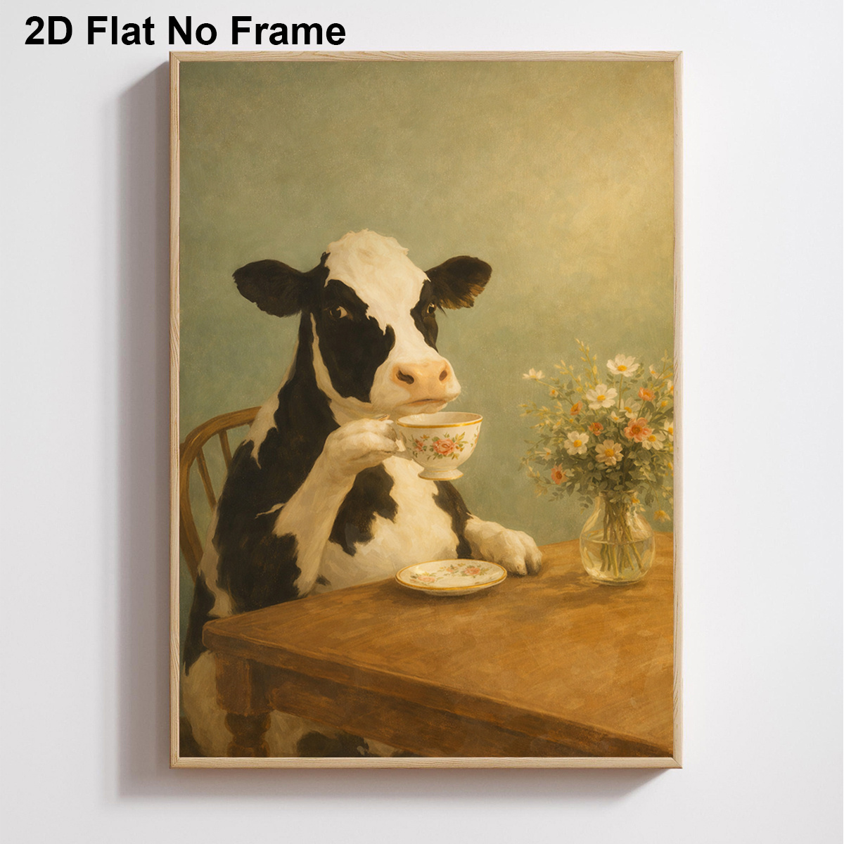 TEMU 2d Flat, 1pc Frameless Canvas Poster, Elegant Cow Drinking Tea At Wooden Table With Floral Cup And Vase Of Daisies, Vintage Pastoral Style Art,
