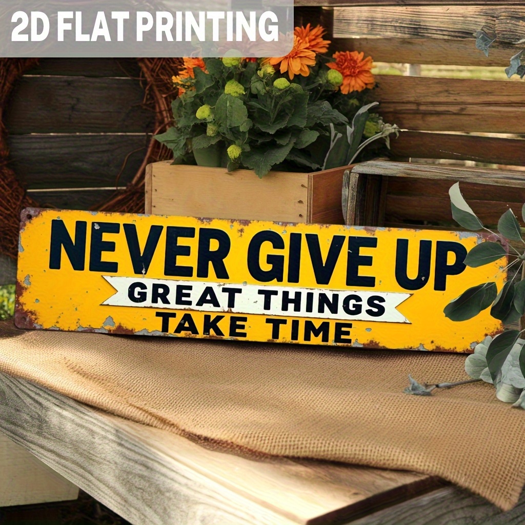 TEMU 2d Flat, 1pc Vintage Wooden Wall Decor - "never Give Up, " Motivational Slogan, Distressed Yellow Background With Black And White Text, Size 3.