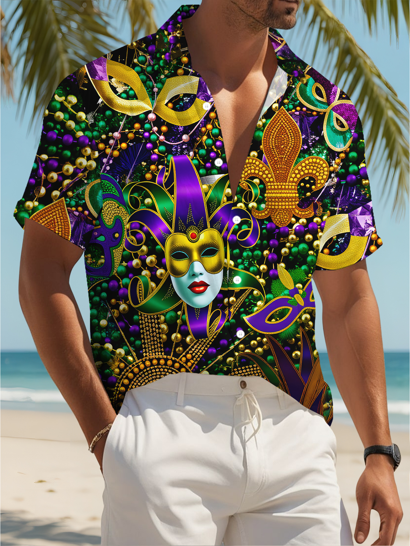 camisa casual de hombre con temática de mardi gras, estampado de máscara de máscarada y cuentas, diseño festivo   con colores vibrantes y patrones intrincados