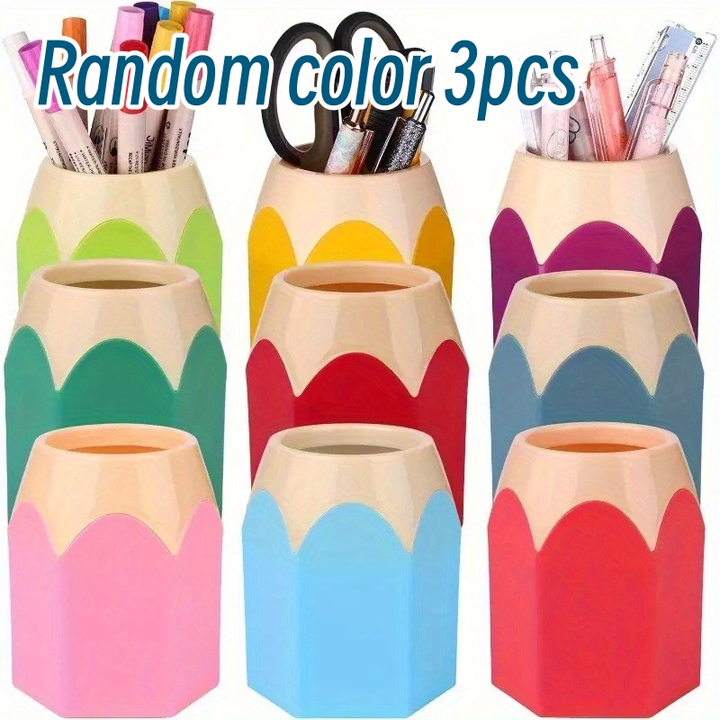 TEMU 3pcs Random Colors Colored Pencil Holder - Cute Desk Organizer, Pe Plastic Cup And Boxed Stationery Organizer, Suitable For Home And Office