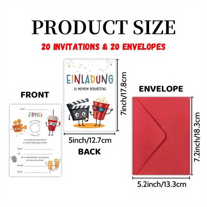 TEMU Invitations Letter 20 Cards And 20 Envelopes, Movie Popcorn German Party - Milestone Birthday Party Cards, Congrats Invites Friend Reunion
