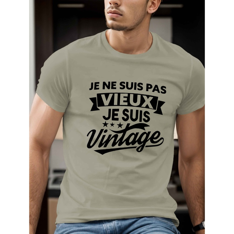 

T-Shirt pour Hommes d'Inspiration Française Amusante - Manches Courtes Décontractées, Col Rond, Polyester Respirant, Haut d'Été avec Design Géométrique, Polyester, Col Rond