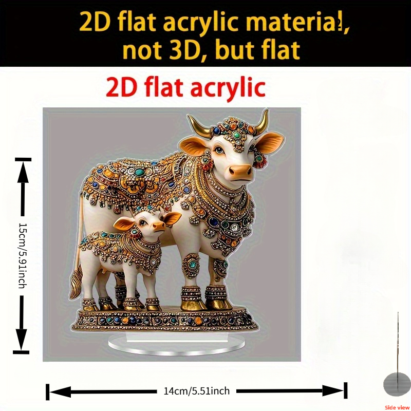 TEMU 2d Flat, 2d Flat Printed Acrylic With Colored Gemstones 2d Acrylic Indian Cow Desktop Decoration - And Office Display | Gift For Christmas, New