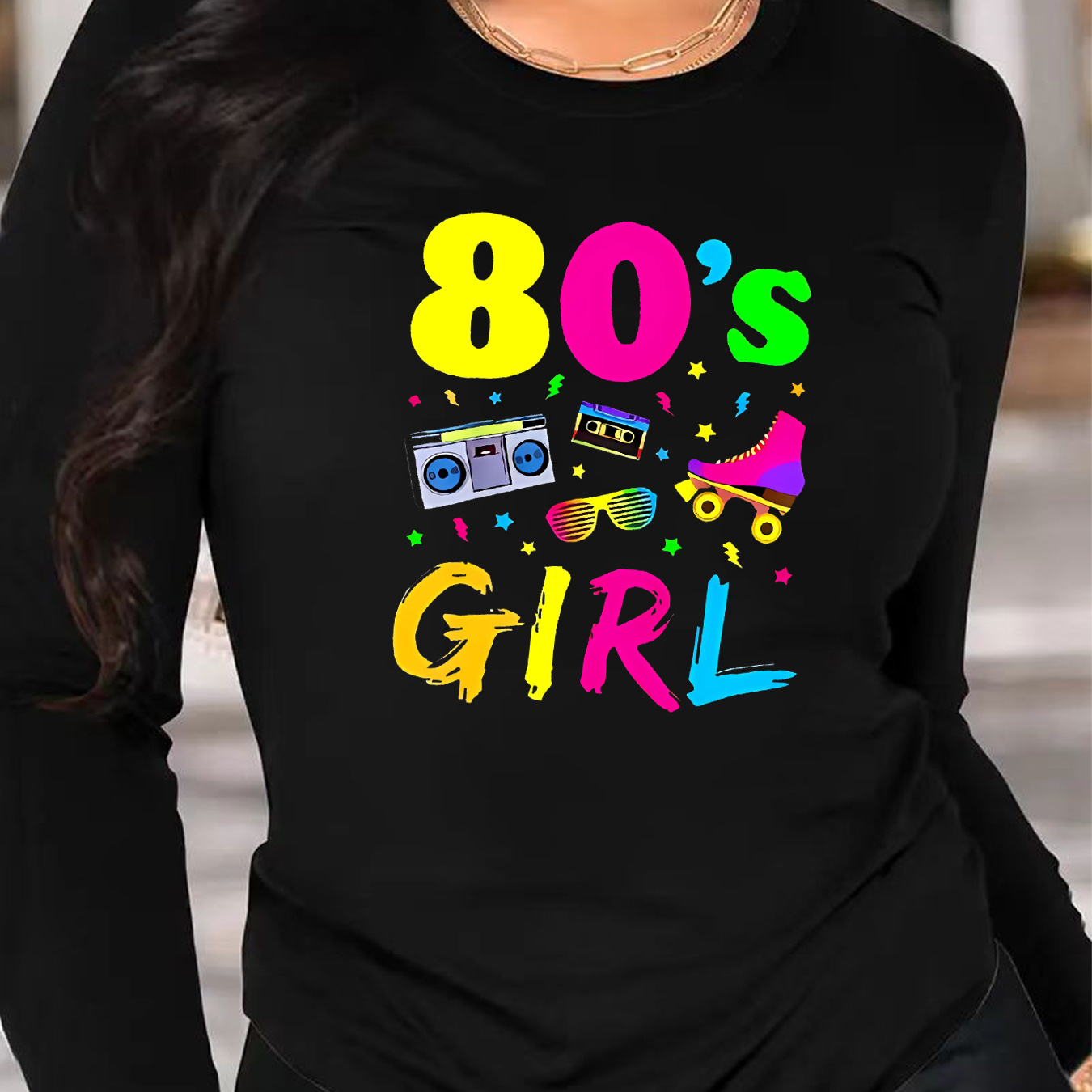 

Retro 80s Party-inspired Graphic Tee For Women - Casual Long Sleeve Crew Neck Top, Stretchy Polyester , Machine Washable - Spring & Fall