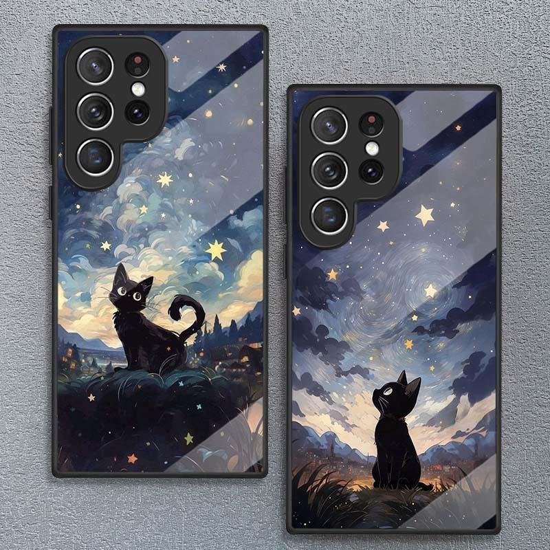 

Fashionable Tempered Glass Phone Case Featuring Cat Comics And A Design, Compatible With Samsung S21, S22, S23, S24, S25 Fe 5g.