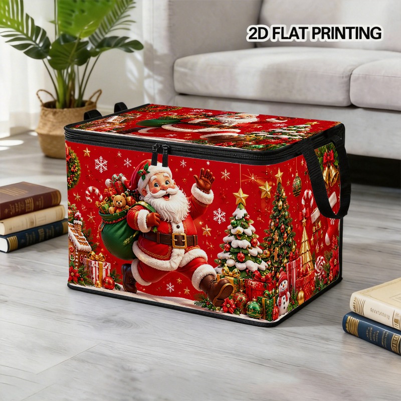 TEMU 1pc Boîte de Rangement Pliable en Tissu à Motif Père Noël de Noël avec Couvercle à Fermeture Éclair, Poignées , Tissu Oxford Épaissi à l',