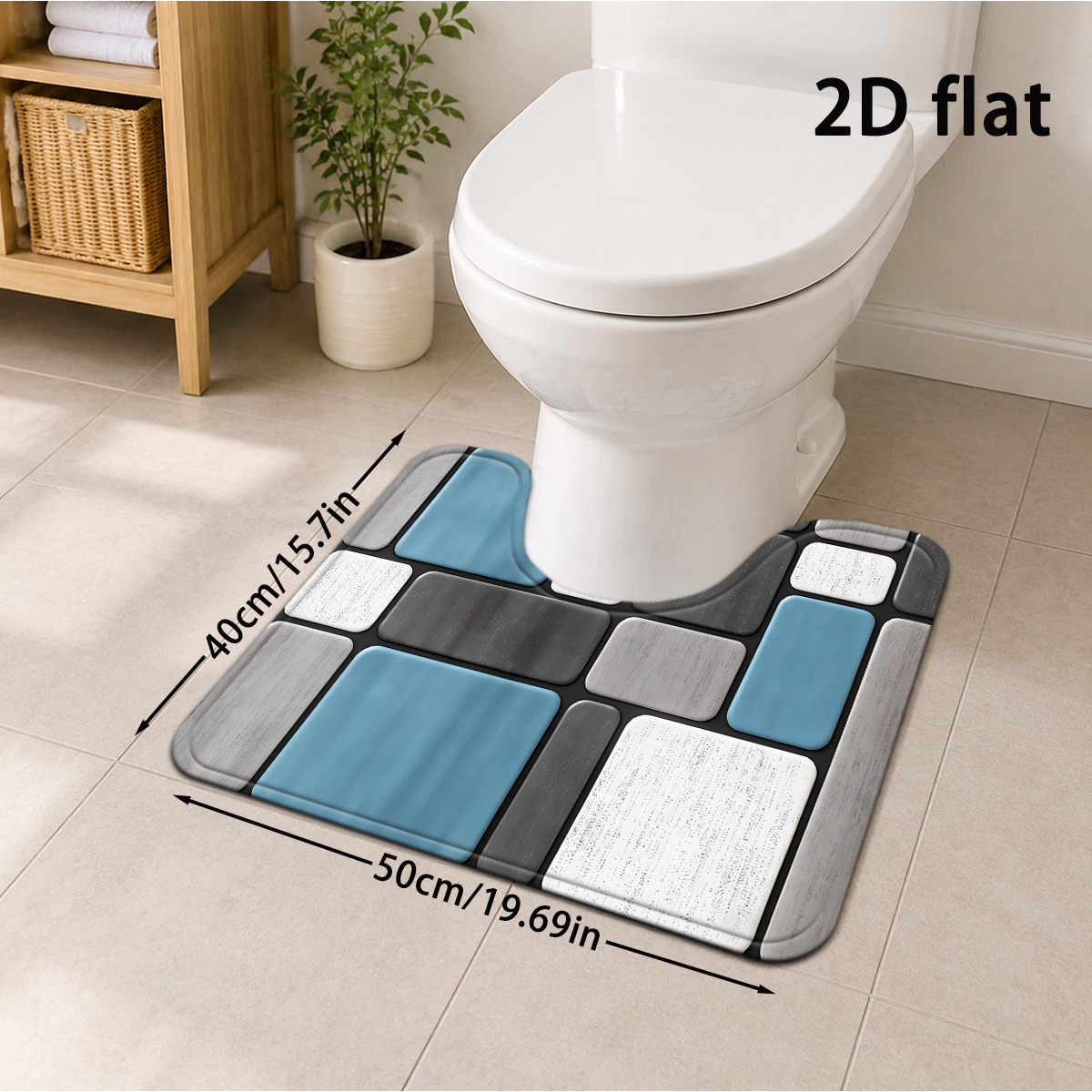 TEMU 2d Flat, 2d Flat 1pc Nordic Geometric Blue-gray-white Rectangular Pattern Bathroom Mat, Modern Light Luxury Minimalist Style Holiday Floor Mat,