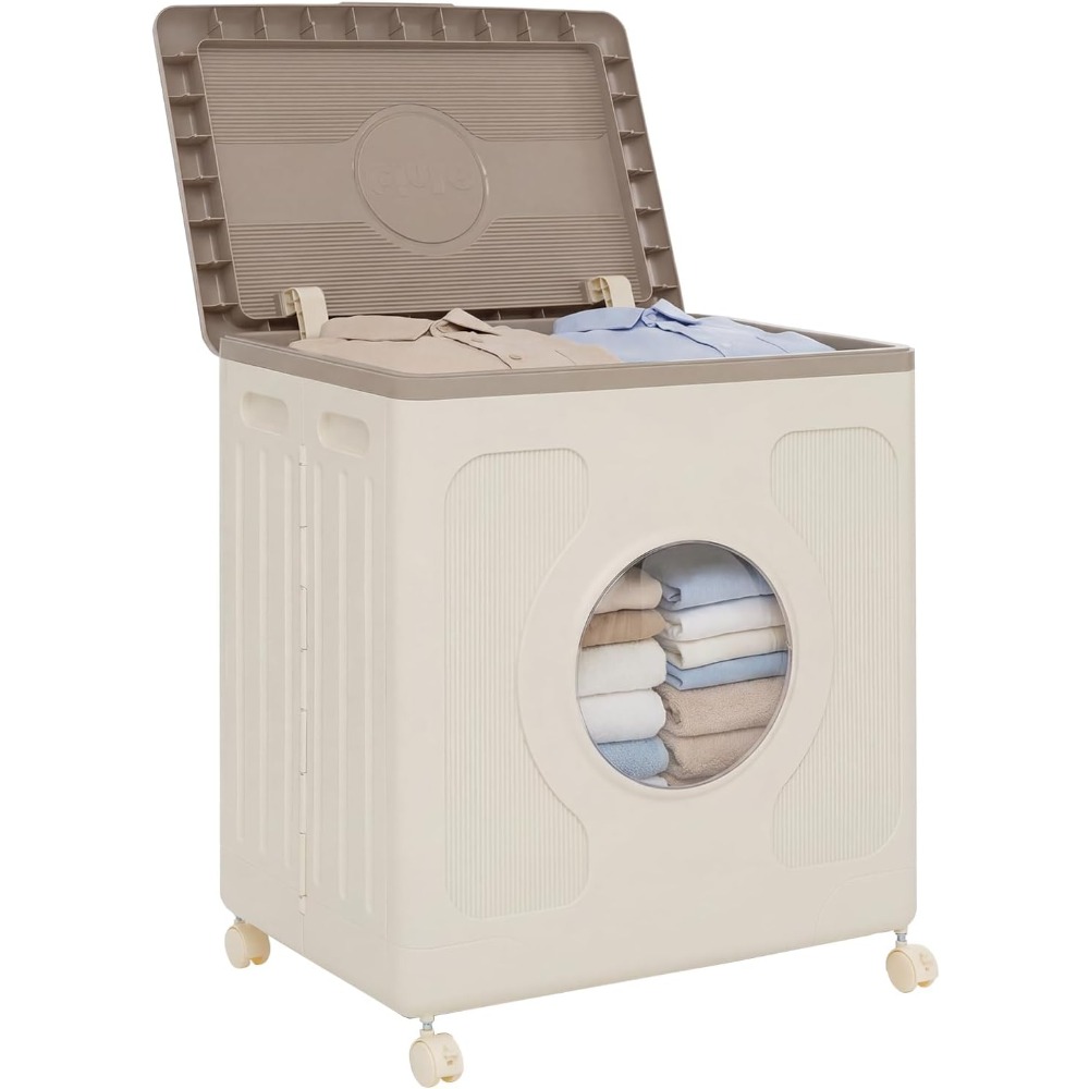 122l Plastic Storage Box With Lid 4 Wheels Foldable Design Transparent Window For Clothes Bedding Gray